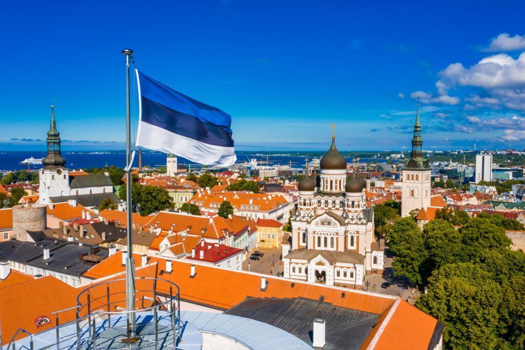 Aerial view of the Estonian flag waving on the Tall Hermann Tower ,Tallinn, Estonia